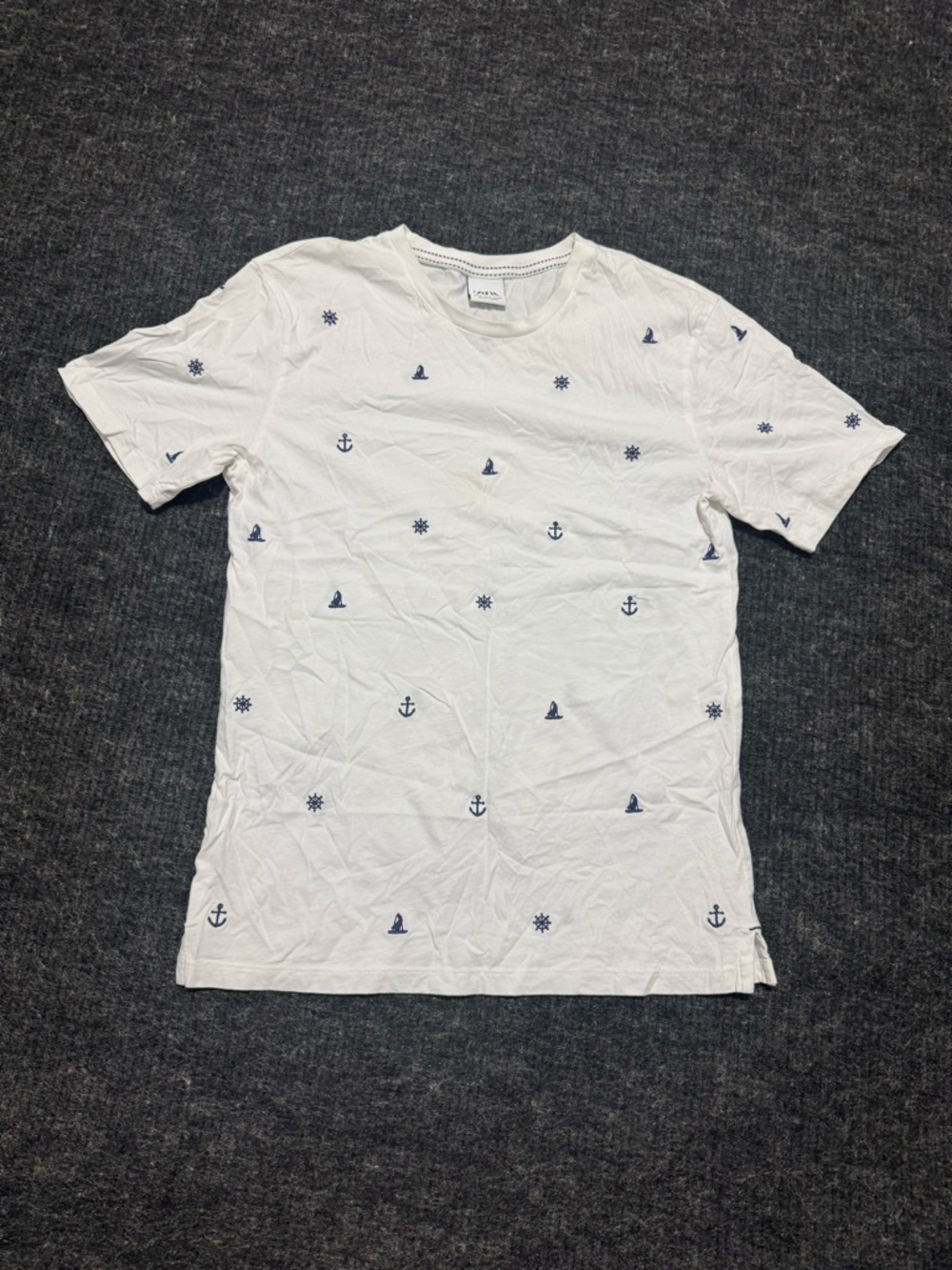 Zara White Short Sleeve Crew with Navy Nautical Motifs